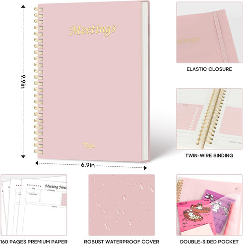 Meeting Notebook for Work Organization, 160 Pages Work Planner with Action Items, Agenda Planner, Pink