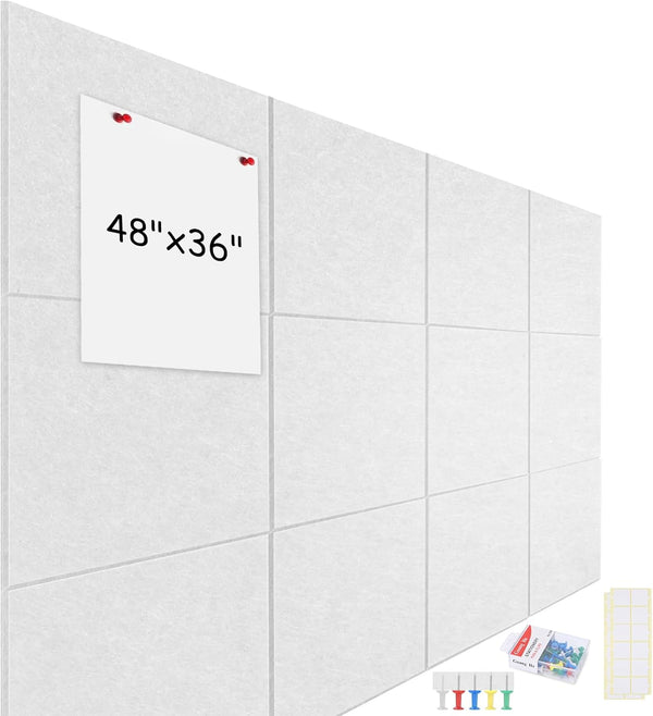 Large Cork Board Alternative 48"x36" - Set of 12 Pack Acoustic Panels with Safe Removable Adhesive Tabs