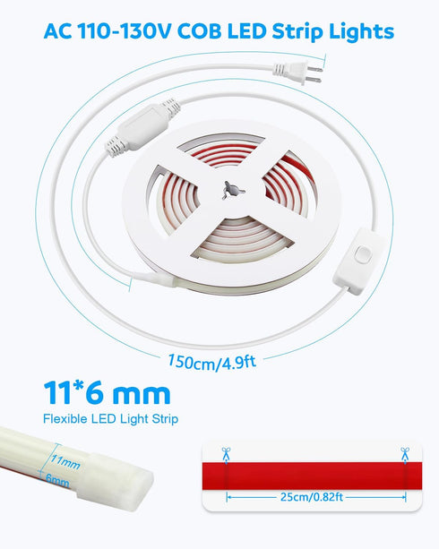 110V 120V 6FT 3000K 576LEDs Closet CRI90+ IP67 Aclorol COB LED Strip Light LED Light Strip Warm White