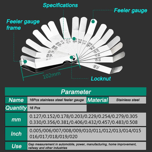 Stainless Steel Feeler Gauge - Dual Reading Combination Gap Thickness Measure Inch & Metric 0.127-0.508mm / 0.005