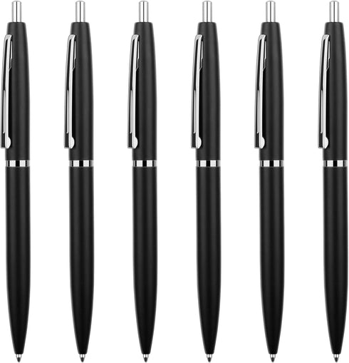 Unibene 6 Pack Black & Silver Click Ballpoint Pens - 1.0mm Medium Point Black Ink with 6 Stainless Steel Refills
