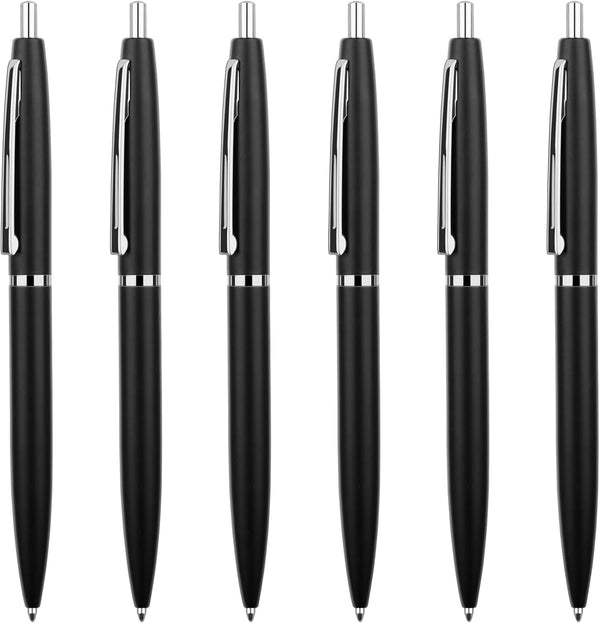 Unibene 6 Pack Black & Silver Click Ballpoint Pens - 1.0mm Medium Point Black Ink with 6 Stainless Steel Refills