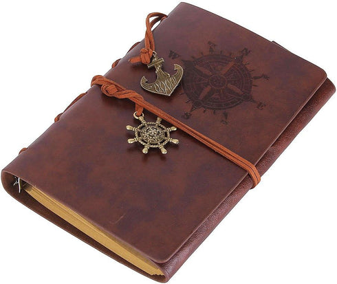 EvZ Leather Writing Journal Notebook, 7 Inches Vintage Nautical Spiral Blank Notepad, Retro Coffee