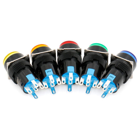 Baomain 5/8" 16mm Push Button Switch Momentary Round Cap LED Lamp, 5 Pack, Red Yellow Orange Blue Green Light DC 24V