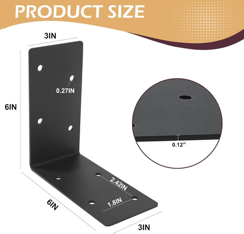 4 PCS Heavy Duty Steel Corner Brackets, 6"x6"x3"L Right Angle Bracket, Metal Joint Timber Connector Support for Wood