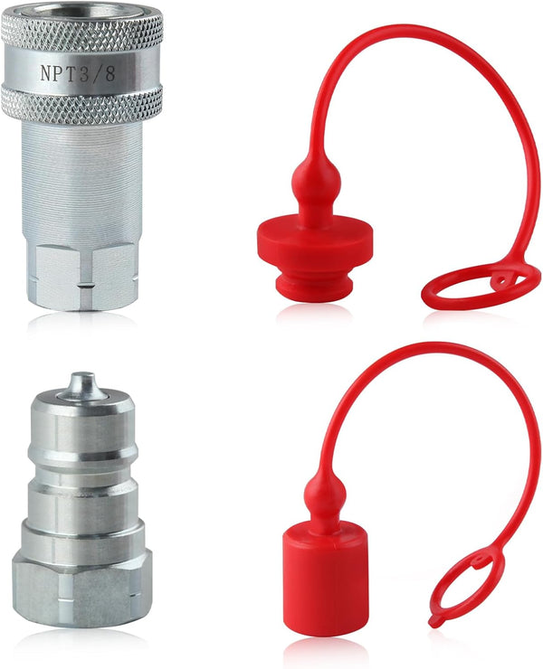 3/8” NPT Thread Ag Hydraulic Quick Connect Tractor Couplers with Dust Caps - ISO 7241-A Poppet Pioneer Style