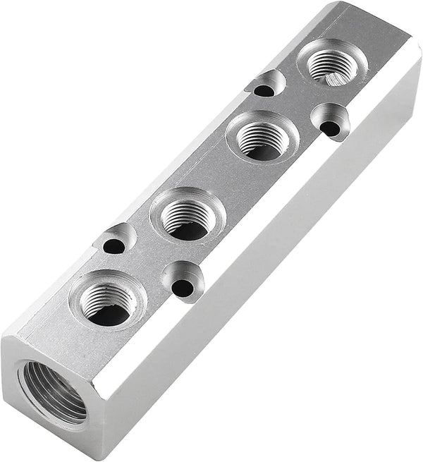 4 Way Pneumatic Manifold Air Distribution Block, G1/2 Supply Port, G1/4-Inch Output Port, Aluminum Alloy
