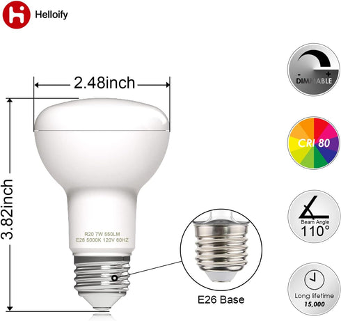 Dimmable R20/BR20 LED Flood Light Bulb 7W 50W Equivalent 5000K Daylight White 600lm E26 Screw Base (6 Count)