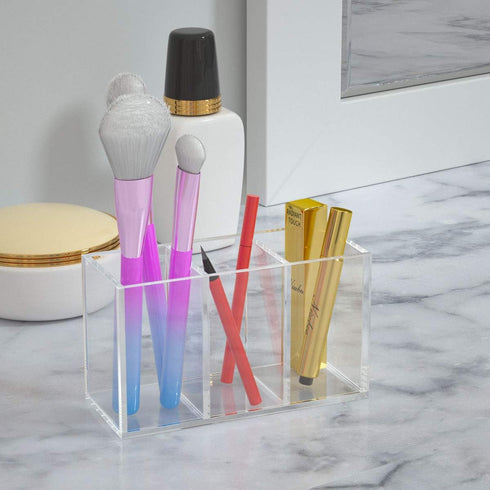NIUBEE Acrylic Pen Holder, 3 Compartments Clear Pencil Organizer Cup for Desk Accessory Storage