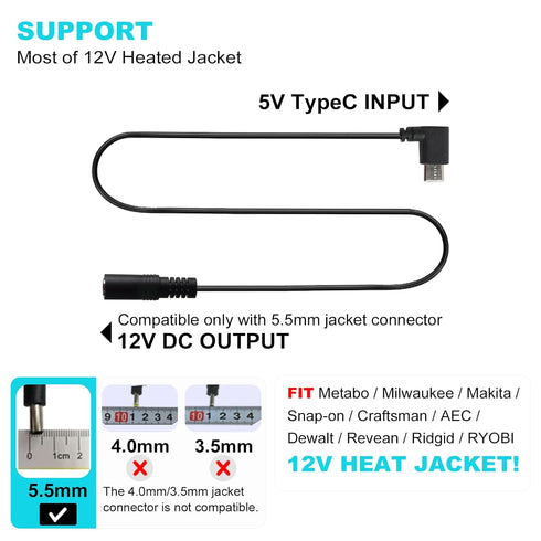 12V Heated Jacket Battery Step-Up Adapter Charger Cable, Compatible with Milwaukee, M12, Dewalt, Makita, Snapon