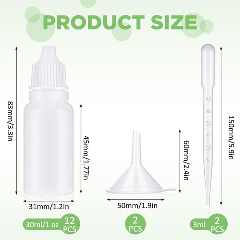 Uiifan 12 Pcs Plastic Squeezable Dropper Bottle - Small Empty Liquid Dropper with Screw Cap, 2 Funnels & 2 Droppers