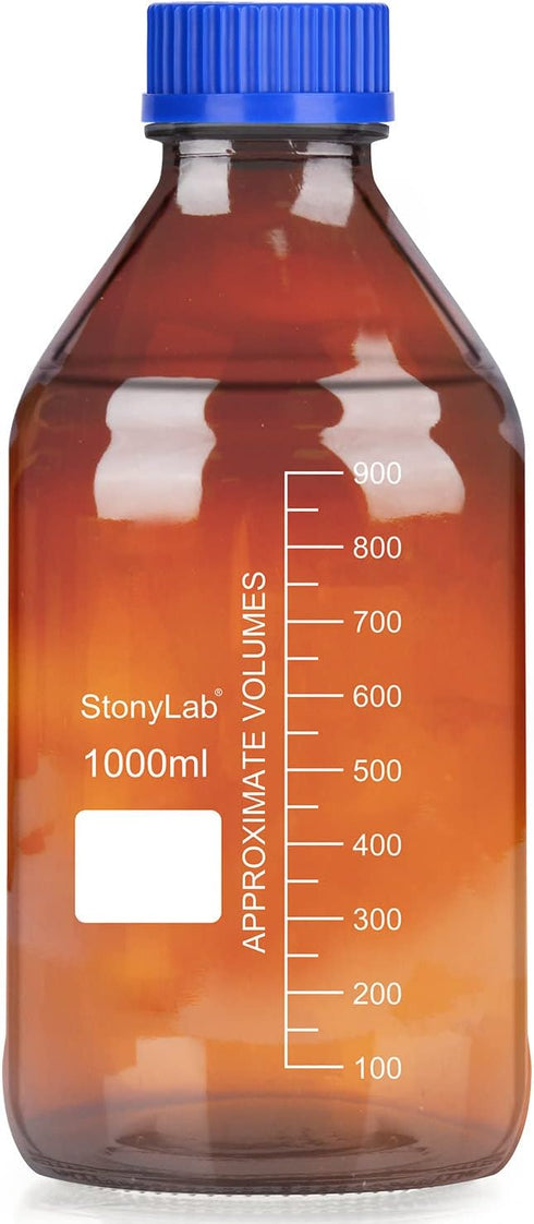 stonylab Storage Bottles with GL45 Screw Cap, 1000 ml Amber Borosilicate Glass Graduated Round Bottle