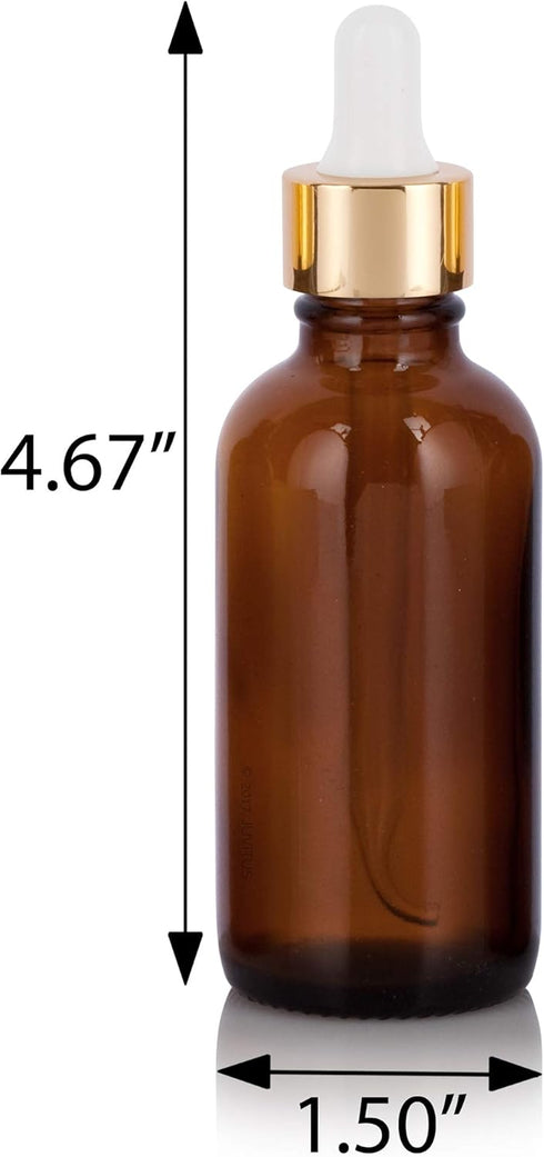 JUVITUS 2 oz / 60 ml Amber Glass Boston Round Bottles - 24 Pack with Gold Metal and Glass Dropper