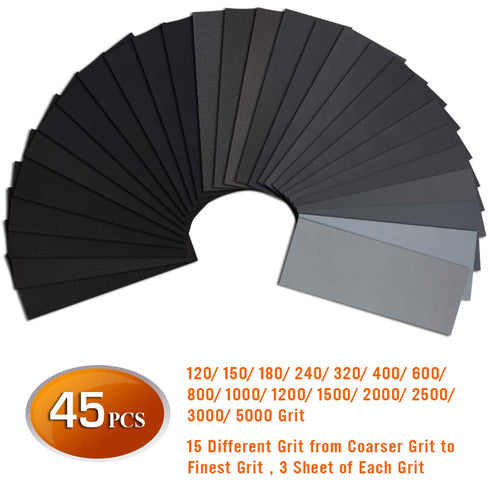Atosun 45PCS Premium Sandpaper, Wet Dry Waterproof Assorted Grit 120 to 5000 for Wood Furniture Finishing, Metal