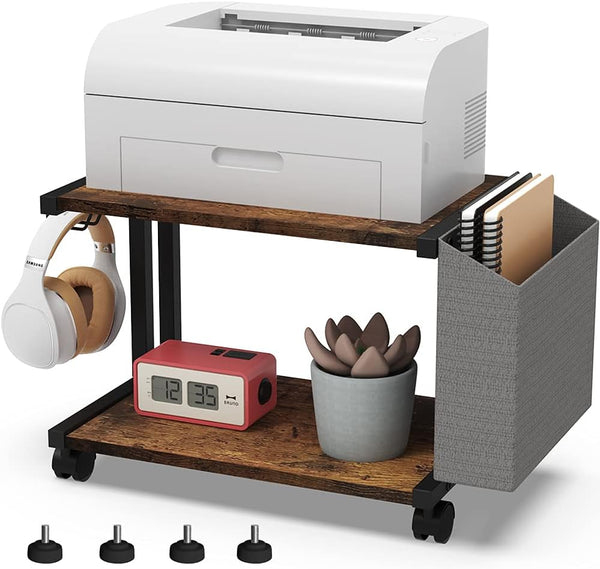 VEDECASA 2 Tier Rustic Brown Wooden Under Desk Printer Stand with Storage Bag, Mobile Printer Shelf Cart with Caster
