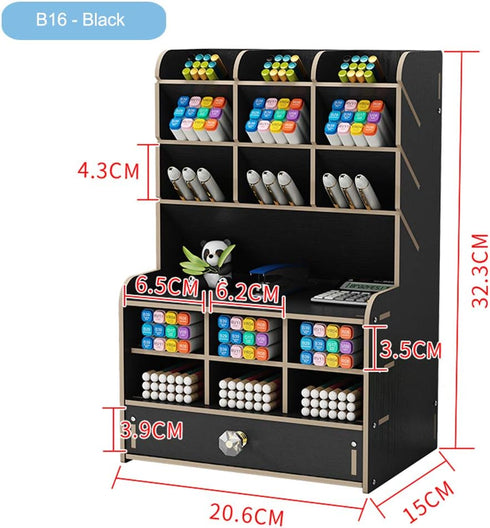 Wooden Desk Organizer with Drawer, Large Capacity DIY Pen Holder Storage Box for Office, Home, School Supplies, Black