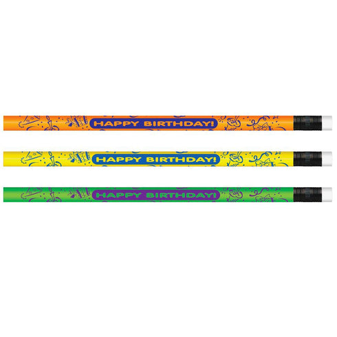 J.R. Moon Pencil JRM7917B Dozen of Neon Happy Birthday Pencils, 0.7" Height, 2" Wide, 7.5" Length (12 Count)