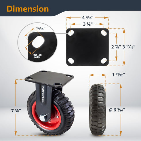 6 Inch Toolbox 1PK (17052) POWERTEC Caster Wheels, Heavy Duty Fixed Plate Casters with Rubber Knobby Tread