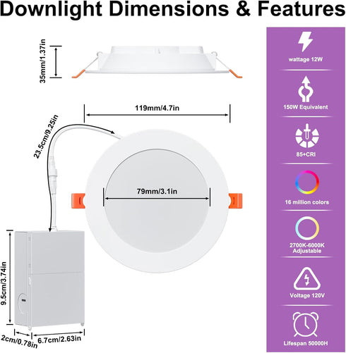 4 Inch 12W Box,1080 Alexa,Dimmable -1Pack SikSog Smart Recessed Lighting RGBCW Color Changing LED Downlight