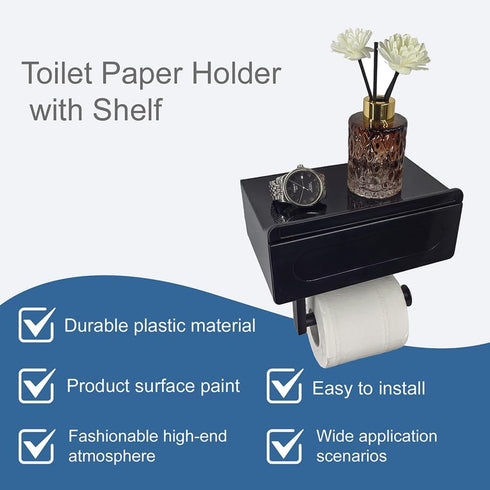 Generic Toilet Paper Holder with Wipes Storage - Wall Mount Bathroom Wipes Holder Black Roll Tissue Holder with Shelf