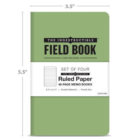 Elan Publishing Company Waterproof Field Notebook - 3.5"x5.5" Green Lined Memo Book - Pack of 4