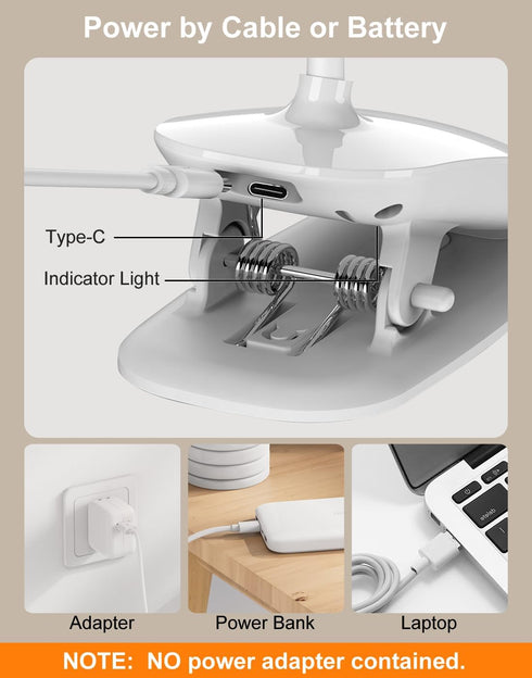 Desk Lamp, 1500mAh Dimmable Reading Lamp with Clamp and Type-C Charging Port, Adjustable Flexible Light for Home Office