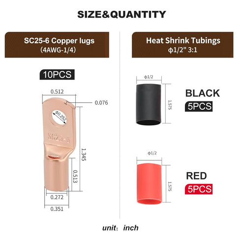 Thick Copper Electric Wire Lugs - 10Pcs Bare Copper Gauge 4Awg-1/4"(M6) Ring Heavy Duty Battery Cable Lugs Ends with