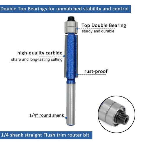 4Pcs Trimming Set, 1/4 Inch Set Woodworking,1/4", 5/16", 3/8", 1/2" Top Double Bearing Flush Router Bits Shank Bottom