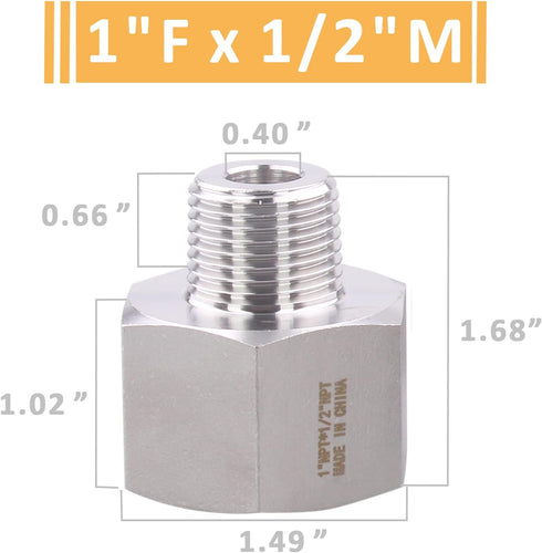 Forged Reducer Adapter Fitting, Stainless Steel 304 Reducing Pipe Connector, 1" NPT Female x 1/2" NPT Male, Pack of 5