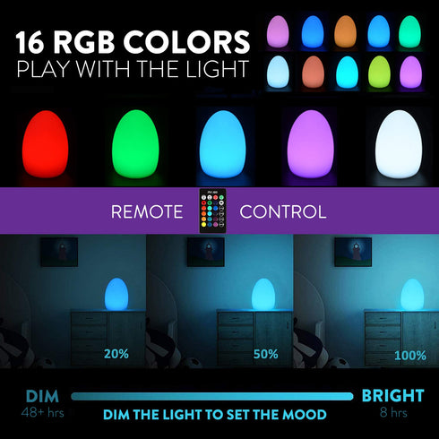 8-Inch Dimmable 16 8 Mr.Go Rechargeable LED Egg Light - Baby Night Light with Remote, Colors & Brightness, Waterproof