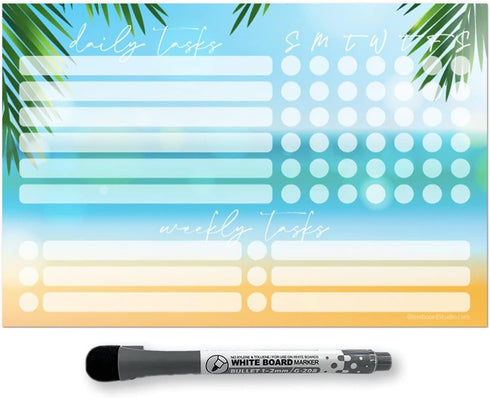 Dry Erase Task Planner Whiteboard | Removable Adhesive Decal | Fine-Tip Magnetic Marker Included (6 x 9 inches, Beach)