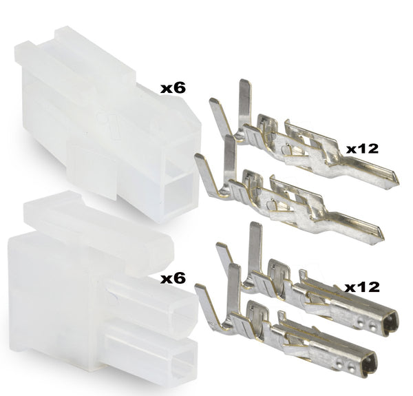 Molex 2 Pin Connector Lot, 6 Matched Sets, Mini-Fit Jr with 18-24 AWG Pins