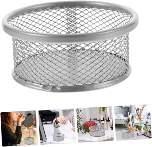Paper Clip Barrel Office Desk Supplies, Metal Silver Holders for Small Things, Mesh Containers for Desk