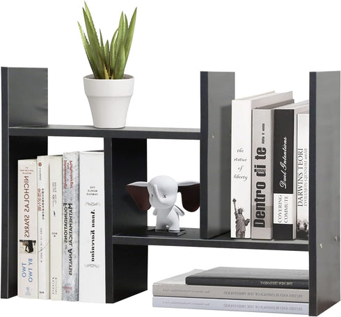 TY ARTS & CULTURE Expandable Wood Desktop Storage Organizer - Multipurpose Desk Bookshelf Display Shelf Rack, Black