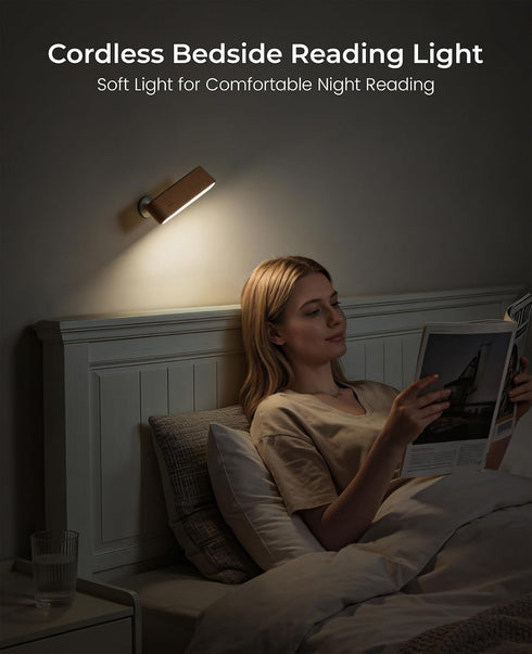 360 Wood LED Wall Sconce, Magnetic Rotatable Wall Mounted Night Light & Reading Light, Small Rechargeable Battery