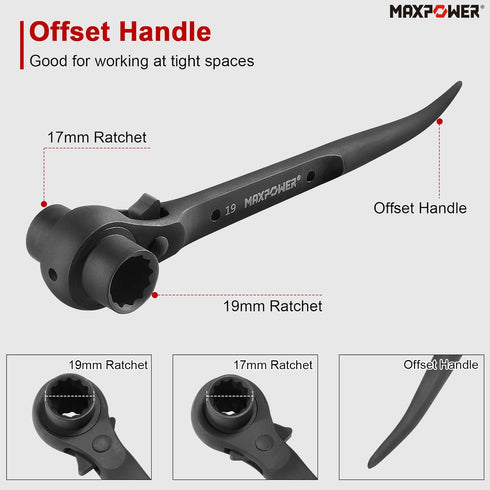 2PCS Set, 7/8 inch 3/4 inch, 17 mm 19 mm MAXPOWER Scaffold Wrench Dual Socket Scaffold x and Metric x Spud Ratchet