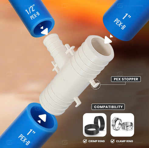 QQSU3431-5 Plastic PEX Poly Alloy Reducing Tee Barb Pipe Fitting, 3/4'' x 3/4'' x 1/2'', White (5 Pack)