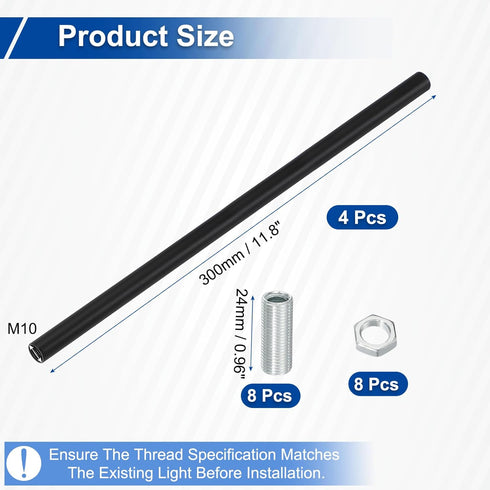 VIAPUICE M10 11.8'', 4 Set Lighting Fixture Downrods x Threaded Extension Rod Lamp Rod Light Fixture Part