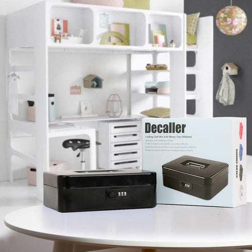 9.84" 7.87" 3.54", Decaller Large Cash Box with Combination Lock, Metal Money Box with Removable Tray, x x Black