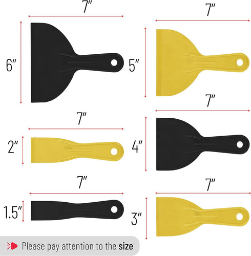 Bates Plastic Putty Knife Set, 6 Pack, Black & Yellow Plastic Scraper Tool for Painting and Spackling