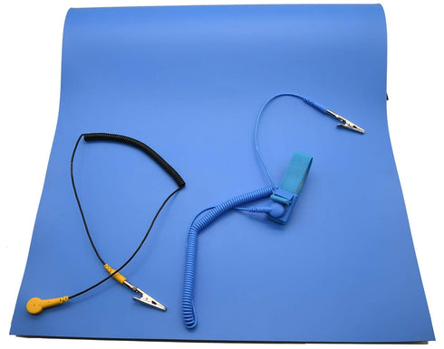 ESD High Temperature Mat Kit, 16" x 24" x 0.08", Blue Anti-Static Mat with Wrist Strap and Grounding Cord