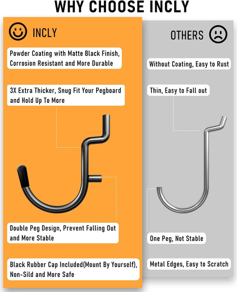 INCLY 176PCS Extra Thick Black Pegboard Hooks Set, Heavy Duty Metal Peg Board Hook Assortment