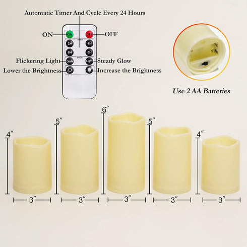 D3 H4 4" 5" 5" 6", Set 5 Homemory Waterproof Flameless Candles, Outdoor Indoor Battery Operated LED Pillar Candles