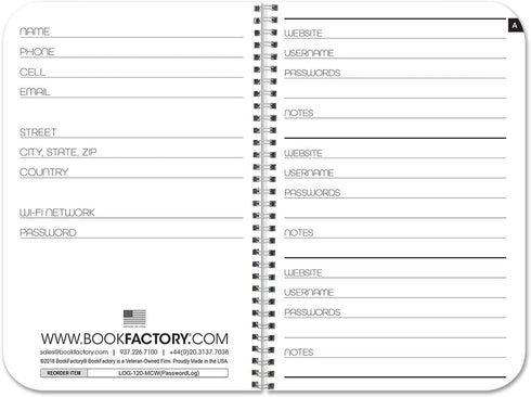 BookFactory Password Book Organizer, 120 Pages, 3.5'' x 5.25'', Thick Translucent Cover, Wire-O Binding