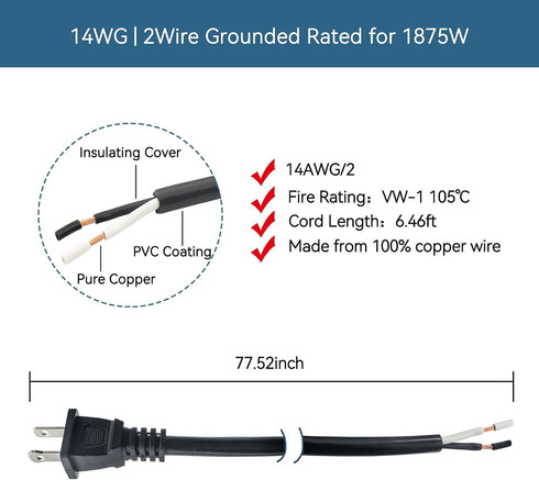 14 Gauge Replacement Power Cord, 2 Prong 6.46Ft Cable for Appliance, NEMA 1-15P 110V 115V 120V Pigtail
