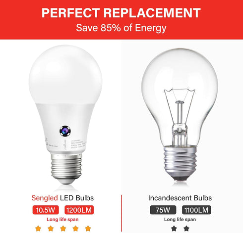 Sengled Bulbs 3000K A19 Bulb, 75 1200LM, Bulb 4 Pack Dusk to Dawn Light Outdoor, Soft White, LED Sensor Light Watt