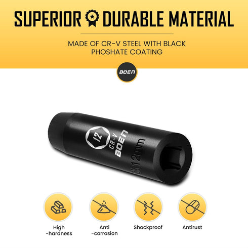 1/2" Drive Deep Impact Socket, 12mm Premium Metric Socket, 6 Point, Cr-V Steel
