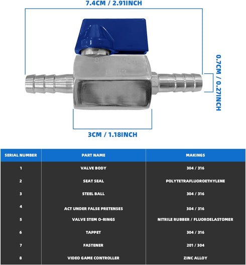5/16" Hose Barb Mini Ball Valve, 304 Stainless Steel Shut Off Valve with Clamps for Water, Gas, Fuel, Drip Irrigation