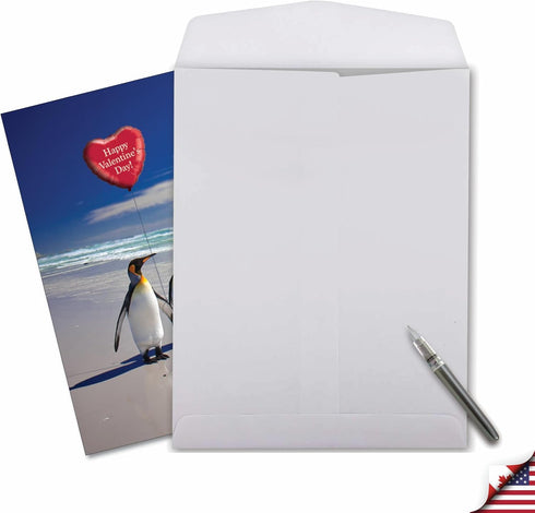 NobleWorks Big Animal Valentines Card with Envelope, Jumbo Notecard for Valentine's Day, Beach Penguins J3514VDG