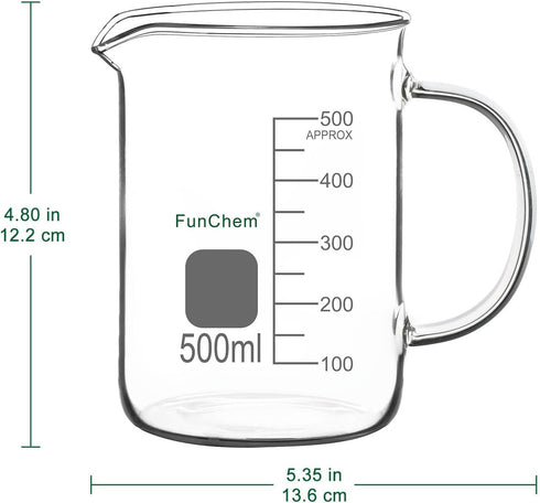 Glass Beaker with Handle, 500 ml Clear Graduated Low Form Griffin Beaker with Pouring Spout